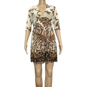 Cristina Love Womens S Mini Dress Short Sleeve Empire Waist Paisley Creme Brown